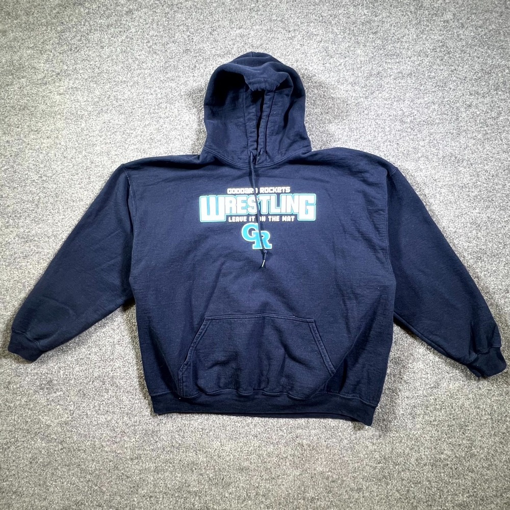 Gildan Heavy Blend Goddard Rockets Wrestling Hoodie Mens 2XL Blue Graphic Cotton